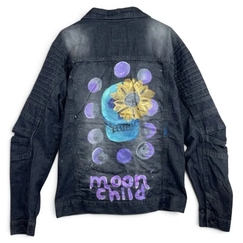 Southpole Denim Jacket Men's XL Acid Wash Hand Painted Moon Child Grungecore